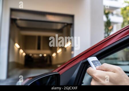 Automatic Wireless Home Garage Door. Hand Using Controller In Car Stock Photo
