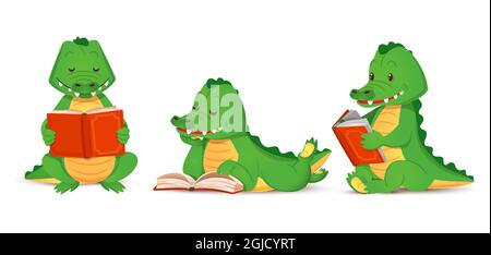 Cute green crocodile reads an interesting book, set of isolated animal alligator figurines. Vector illustration in cartoon style Stock Vector