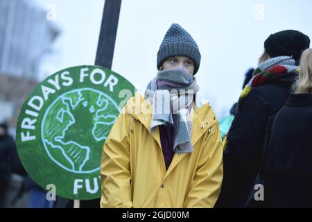 Sweden's climate activist Greta Thunberg was back schoolstriking outside the Parliament in Stockholm, Sweden, after her tour in the US and Spain, on Friday December 20, 2019. Foto: Pontus Lundahl / TT / kod 10050 Stock Photo