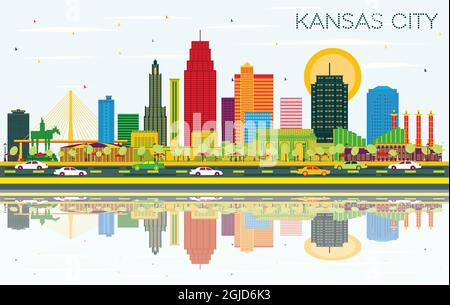 Kansas City Missouri City Skyline with Color Buildings, Blue Sky and Reflections. Vector Illustration. Stock Vector