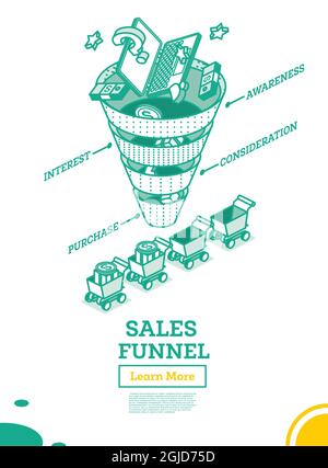 Stages of a Sales Funnel. Digital Marketing Concept. Outline Design. Isolated on White Background. Business Infographics. Vector Illustration. Stock Vector