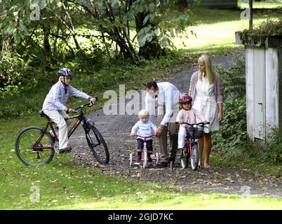 Norway's Crown Prince Haakon, Crown Princess Mett-Marit, Princess Ingrid Alexandra, Prince Sverre Magnus and Marius Borg Hoiby pictured during a photo session at the Norwegian Crown Prince couples residence at Skaugum, Norway, September 3, 2007. Stock Photo