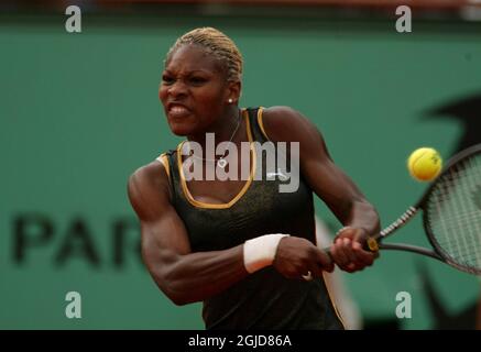 Serena Williams of the USA in action against her sister Venus on her way to winning the French open tennis championships final match at the Roland Garros stadium  Stock Photo