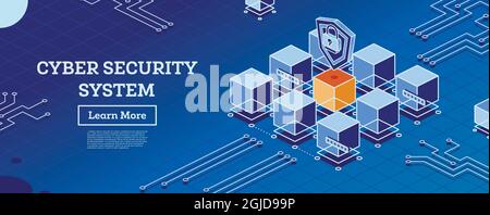 Isometric Cyber Security Concept. Data Protection. Cubes with Lines in Blue Color. Vector Illustration. Protection of Big Data. Cloud Database. Stock Vector