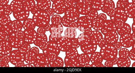Seamless pattern with slices of various salami sausage on white background. Top view meal. Cartoon flat style. Vector illustration Stock Vector