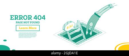 404 Error Web Page Concept. Isometric Stairs in Pit Isolated on White. Ladder in Hole. Man Jump into the Hole. Vector Illustration. Stock Vector