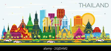 Thailand City Skyline with Color Buildings and Blue Sky. Vector Illustration. Tourism Concept with Historic Architecture. Stock Vector