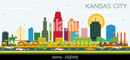 Kansas City Missouri City Skyline with Color Buildings and Blue Sky. Vector Illustration. Business Travel and Tourism Concept with Modern Architecture. Stock Vector