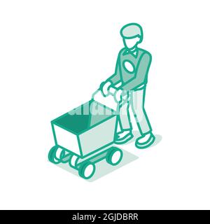 Man Pushing Supermarket Trolley. Empty Shopping Cart. Outline Isometric Concept. Vector Illustration. Isolated on White Background. Stock Vector