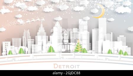 Detroit Michigan City Skyline in Paper Cut Style with Snowflakes, Moon and Neon Garland. Vector Illustration. Christmas and New Year Concept. Stock Vector