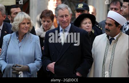 The Prince of Wales Charles and Duchess Camilla of Cornwall visit the 15th century Eyup shrine, which marks the burial place of Abu Ayyub al-Ansari, in Istanbul, as they continue their tour of Turkey. Stock Photo