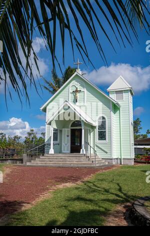 USA, Hawaii, Big Island. The Star of the Sea Painted Church in Kalapana, Hawaii. Built in 1927-1928 under the direction of the Belgian Catholic missio Stock Photo