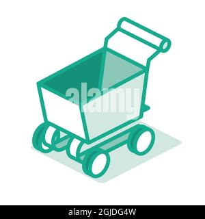 Empty Supermarket Trolley. Shopping Cart. Outline Isometric Concept. Vector Illustration. Icon Isolated on White Background. Stock Vector