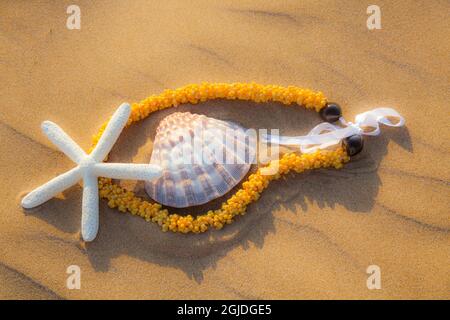 USA, Hawaii, Maui, Kihei beach with lei, starfish and clam shell in design on sandy beach Stock Photo