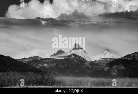 Landscape of Mt. Owen, Grand and Middle Teton from Driggs, Idaho Stock Photo
