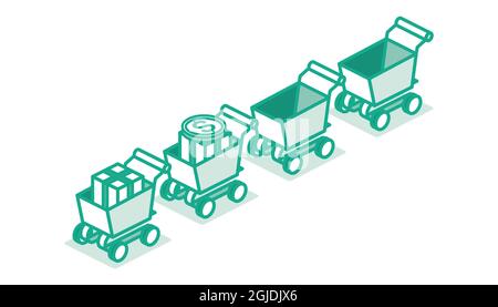 Isometric Shopping Supermarket Cart Standing in Row. Outline Concept. Vector Illustration. Isolated on White Background. Stock Vector