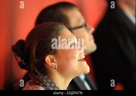 Swedish Crown Princess Victoria and boyfriend Daniel Westling watching a Sweden vs Russia hockey match at the Stockholm Globe Arena in Stockholm. Stock Photo