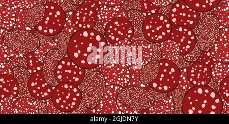 Seamless pattern with slices of various salami sausage on white background. Top view meal. Cartoon flat style. Vector illustration Stock Vector