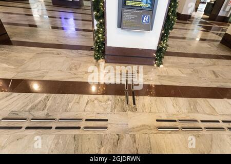 Tactile guideways for the visually impaired, blind people, at a train station. Photo: Amir Nabizadeh / TT code 12040  Stock Photo