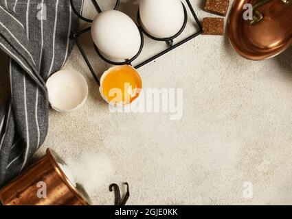 background kitchen tools for baking eggs sugar milk Stock Photo