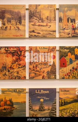 USA, Maine, Freeport, interior of the LL Bean store, antique LL Bean catalog cover art Stock Photo