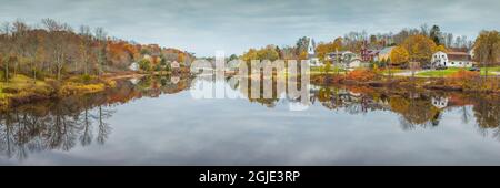 USA, Maine, Orland, village reflection, autumn Stock Photo