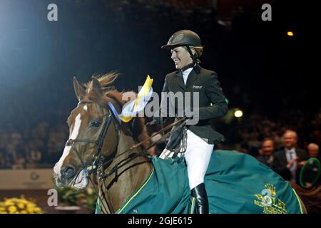 Germany's Meredith Michaels-Beerbaum and her horse Shutterfly won the FEI World Cup final during Gothenburg Horse Show at the Scandinavium arena in Gothenburg, Sweden, Stock Photo