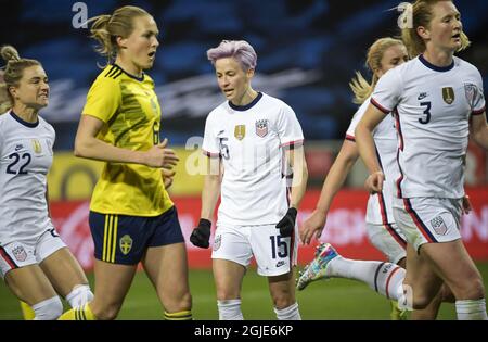 Megan Rapinoe (#15, C) of USA celebrates after scoring a penalty during a friendly international soccer match between Sweden and USA at Friends Arena in Stockholm, Sweden, on Saturday April 10, 2021. Photo Janerik Henriksson / TT kod 10010 *SWEDEN OUT* Stock Photo