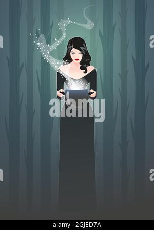 Beautiful retro styled woman holding a magic cauldron. Witch casting a spell in the forest. Fairy tale background Stock Vector