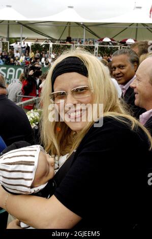 Patricia Ostfeldt the wife of Bjorn Borg with their newborn baby watching her husband play during the opening ceremony    Stock Photo