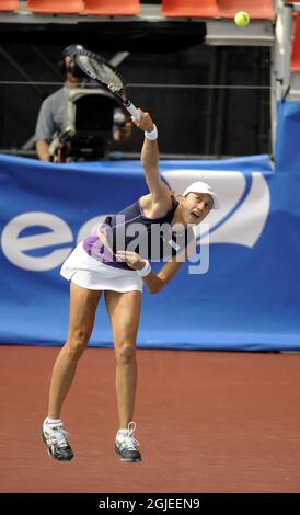 Katarina Srebotnik (SLO) in action during her quarter finals against Virginia Ruano Pascual (ESP) at the Nordic Light Open WTA tennis tournament in Stockholm. Stock Photo