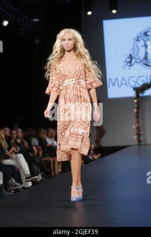A model wears a creation from the Maggie Wonka collection shown during Oslo Fashion Week Stock Photo
