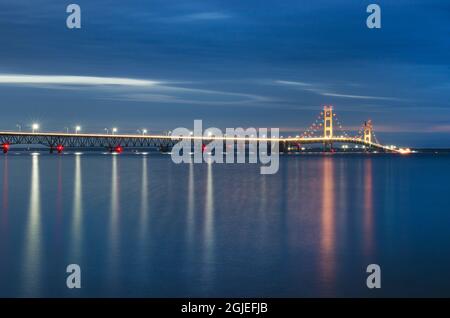 Mackinac Bridge at twilight, seen from Mackinaw City, Michigan. Stock Photo