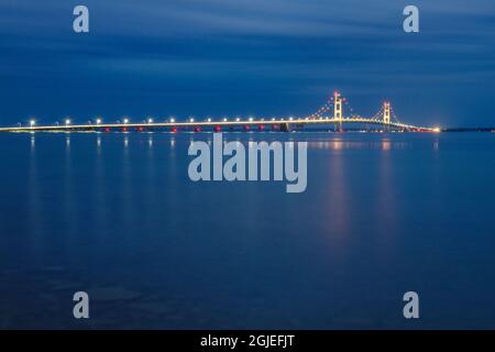 Mackinac Bridge at twilight, seen from Mackinaw City, Michigan. Stock Photo