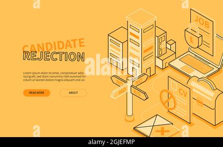 Candidate rejection - line design style isometric banner. Non-compliance with the vacancy requirements. Employment problems header. Office buildings, Stock Vector
