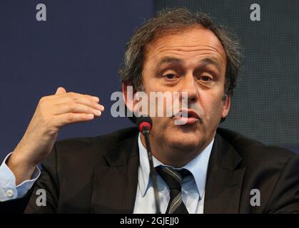 Michel Platini President of UEFA, speaks during a handover ceremony for the UEFA Cup trophy in Istanbul Turkey. UEFA Cup Final will be held at Fenerbahce Sukru Saracoglu Stadium in Istanbul on 20 May 2009. Stock Photo