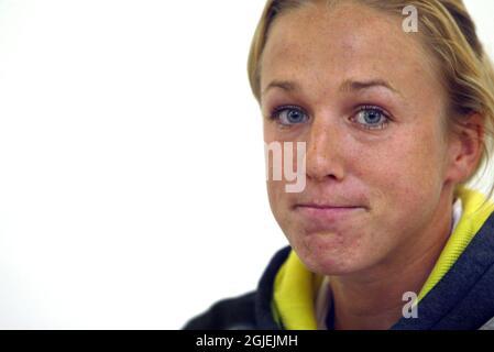 Swedish high jumper Kajsa Bergqvist struggles to hold back the tears as she talks of her Achilles injury. Bergvist will miss the upcoming Olympic Games in Athens where she was expected to win a medal.       Stock Photo