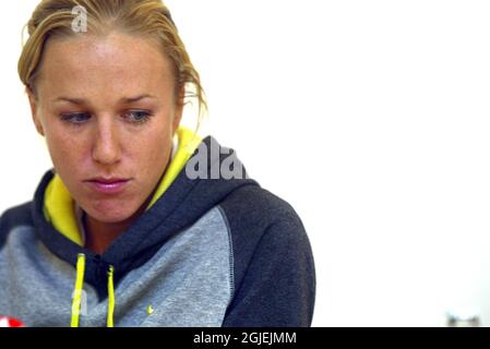 Swedish high jumper Kajsa Bergqvist struggles to hold back the tears as she talks of her Achilles injury. Bergvist will miss the upcoming Olympic Games in Athens where she was expected to win a medal.           Stock Photo