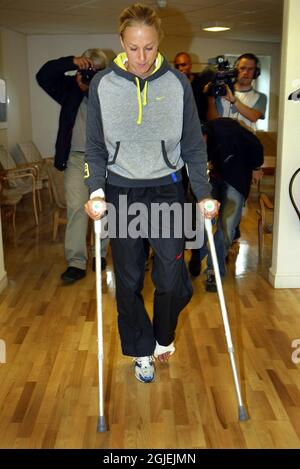 Swedish high jumper Kajsa Bergqvist on crutches following surgery on her Achilles injury. Bergvist will miss the upcoming Olympic Games in Athens where she was expected to win a medal.             Stock Photo