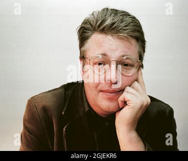 A portrait of Stieg Larsson in Stockholm, Sweden. The late crime writer Stieg Larsson wrote the blockbuster trilogy 'Millennium' which was translated into many languages. Larsson died before his first book was published. Stock Photo
