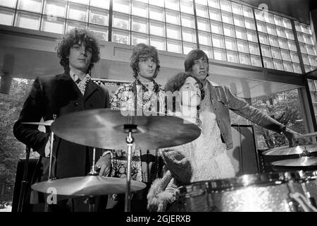 Pink Floyd before their gig at Gyllene Cirkeln or the Golden Circle in Stockholm. From left: Syd Barrett, Richard Wright, Nick Mason (seated) and Roger Waters. The gig at the Gyllene Cirkeln was the only (and first ever) in Sweden during a European tour. Stock Photo