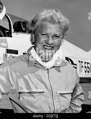 Portrait of the American aviation pioneer Jacqueline Cochran (1906-1980) in October 1961. She is standing in front of a Northrop T-38 jet. Stock Photo