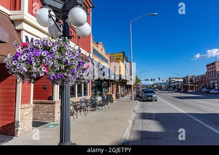 Flowers along Main Street in downtown Kalispell, Montana, USA. Stock Photo