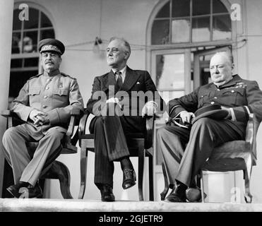 Soviet Premier Josef Stalin, US Pesident Franklin D Roosevelt and British Prime Minister Winston Churchill, meeting at the 'Big Three' Tehran Conference in Nov/Dec 1943