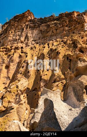 USA, New Mexico, Bandelier National Monument. Eroded rock in cliff. Stock Photo