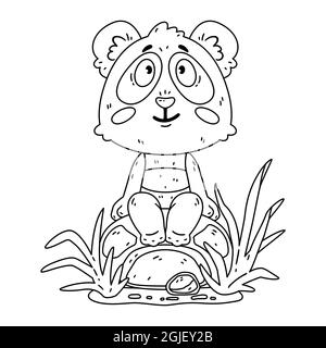 Cute panda bear sitting on the rock. Kawaii animal zoo vector. Vector illustration for coloring page. Stock Vector