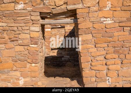 USA, New Mexico. Chaco Culture National Historic Park, Multiple doorways at Pueblo Bonito, a dwelling or Great House occupied from AD 850 to 1150. Stock Photo