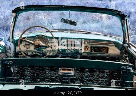 Punta de Agua, New Mexico, USA. Old abandoned car from the 1960's. Stock Photo
