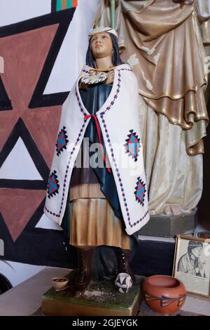 Laguna Pueblo, New Mexico, USA. San Jose Mission church, interior with historically significant retablo. (PR) Stock Photo