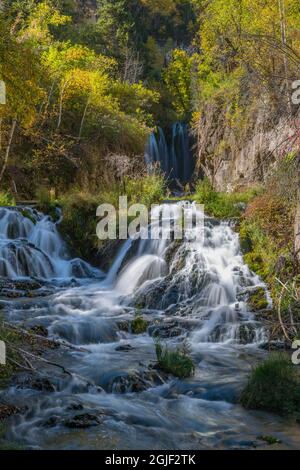 Vertical scenic of Roughlock Falls and autumn foliage, Spearfish Canyon, South Dakota, Black Hills Stock Photo